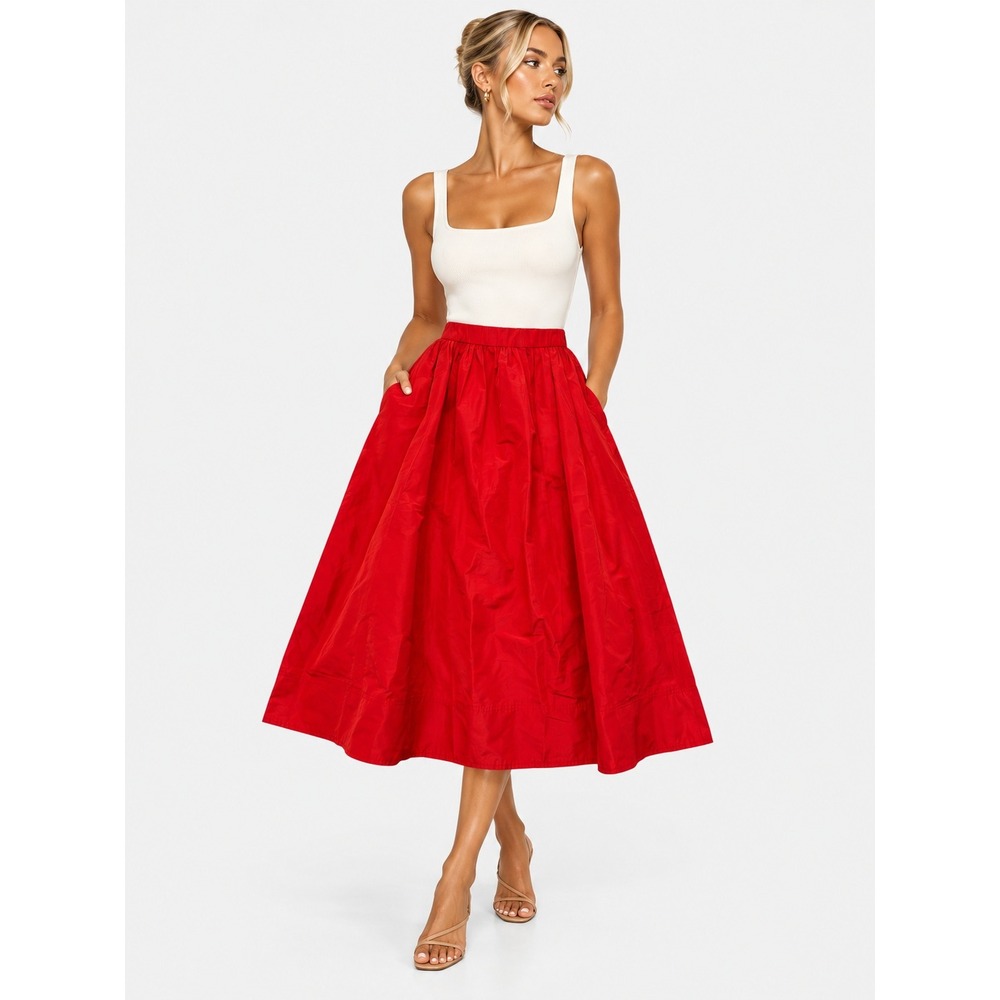 J.Crew Red Midi Skirt Holiday Taffeta Pockets Side Zip Solid 10 NWOT